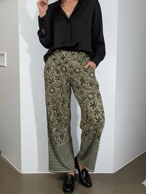 Pact Olive Floral Wide-Leg Pants - Olive Green - Small